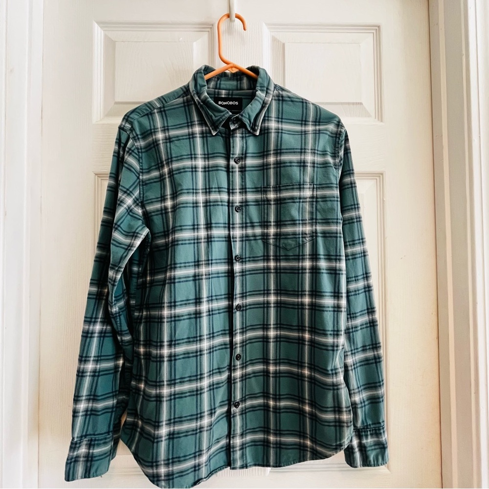 Bonobos Teal Plaid Men's Shirt Size Medium Slim Fit